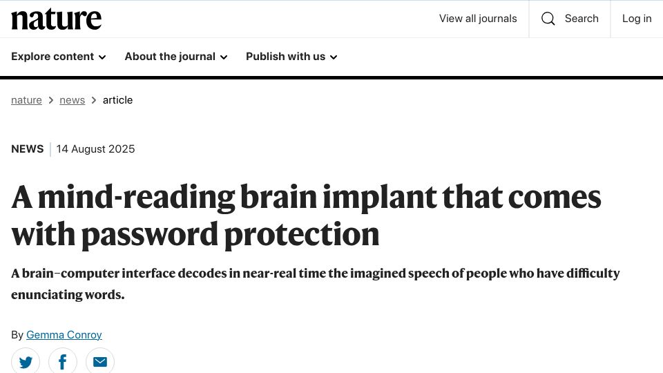 Screenshot of nature.com: A mind–reading brain implant that comes with password protection