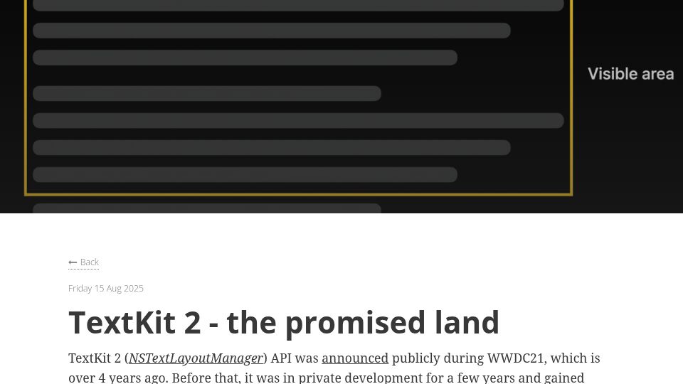 Screenshot of blog.krzyzanowskim.com: TextKit 2 – The Promised Land