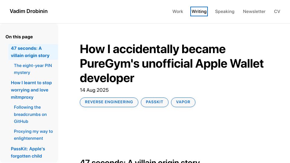 Screenshot of drobinin.com: I accidentally became PureGym’s unofficial Apple Wallet developer
