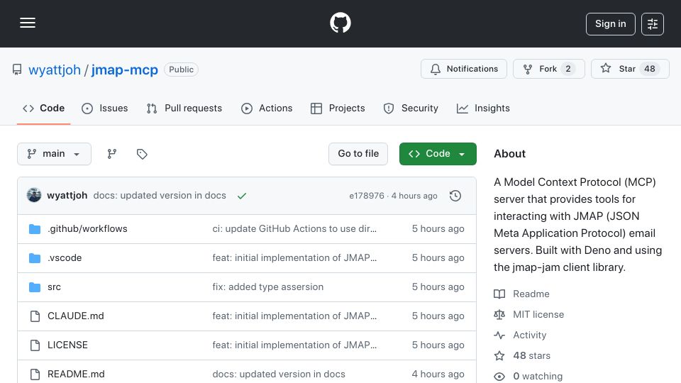 Screenshot of github.com: Show HN: JMAP MCP – Email for your agents