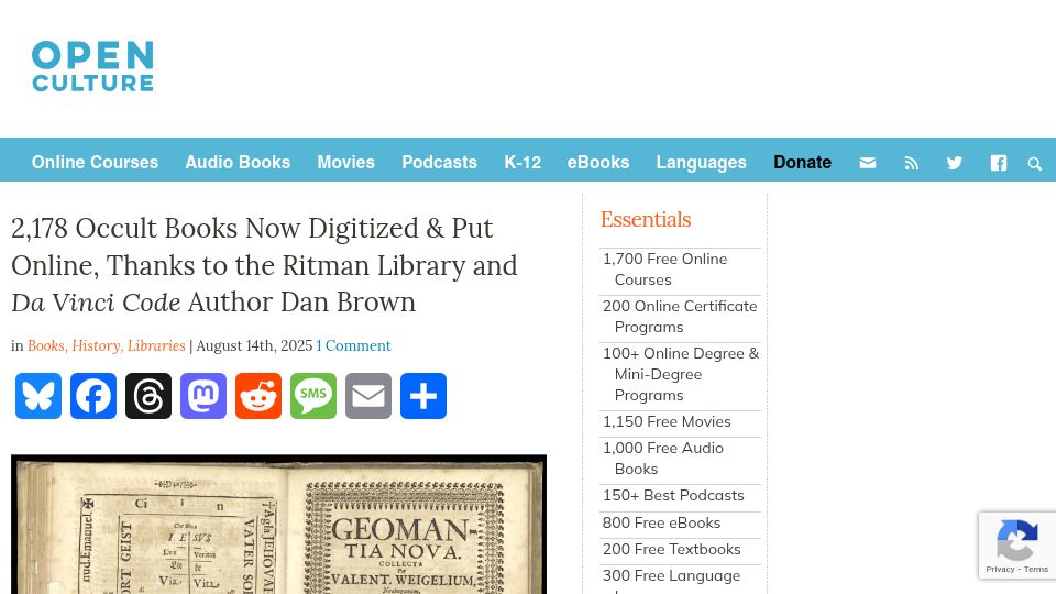 Screenshot of openculture.com: Occult books digitized and put online by Amsterdam’s Ritman Library