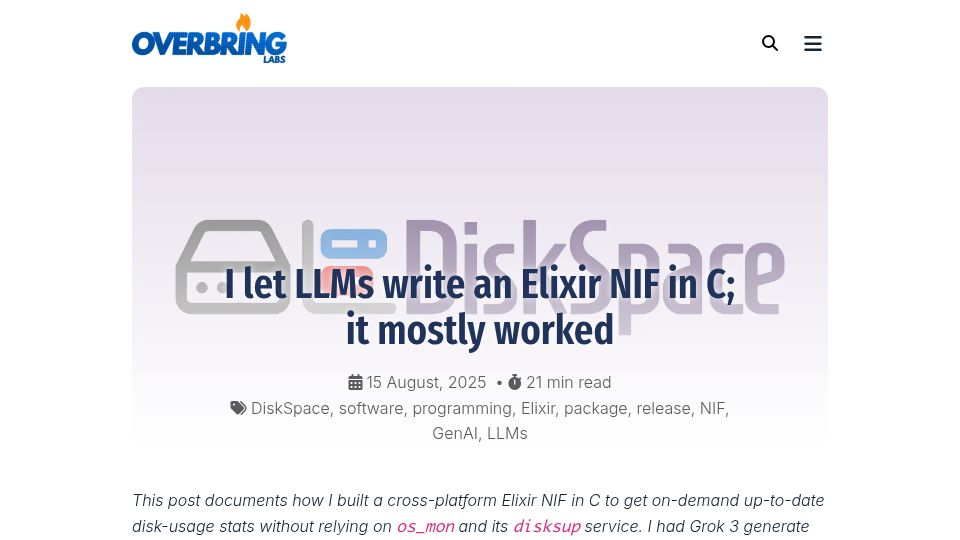 Screenshot of overbring.com: I let LLMs write an Elixir NIF in C; it mostly worked