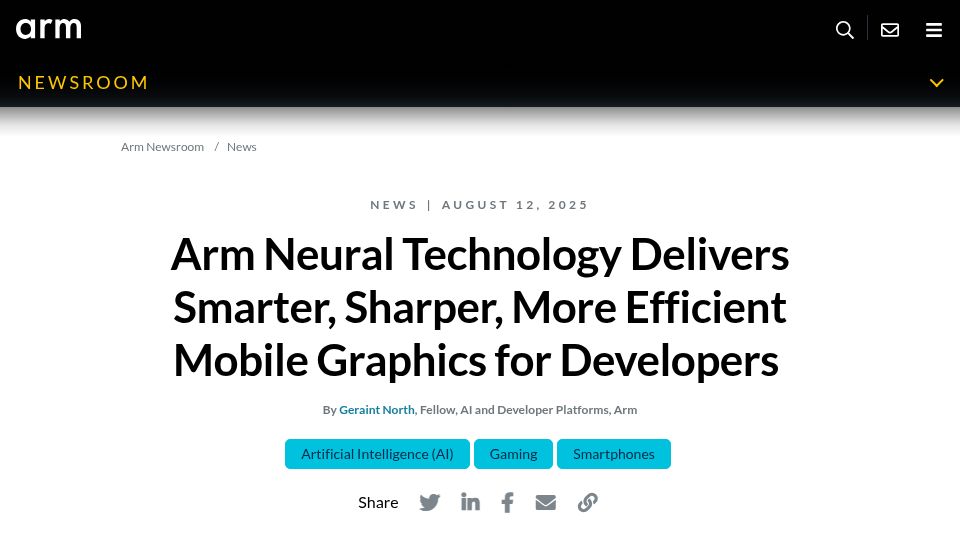 Screenshot of newsroom.arm.com: ARM adds neural accelerators to GPUs