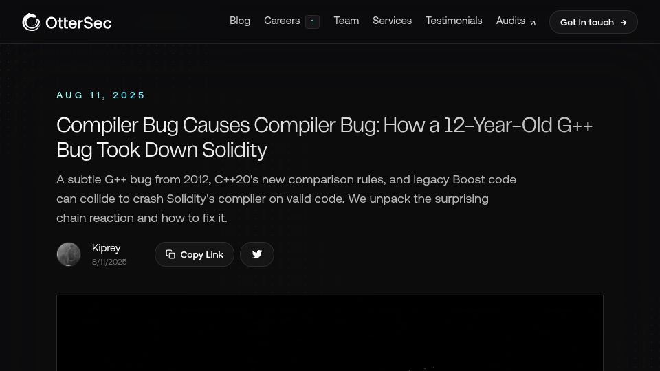 Screenshot of osec.io: Compiler Bug Causes Compiler Bug: How a 12-Year-Old G++ Bug Took Down Solidity