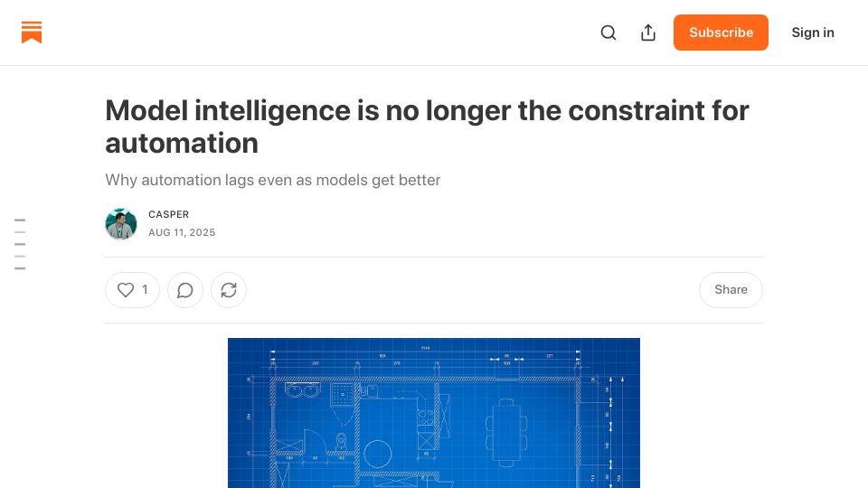 Screenshot of latentintent.substack.com: Model intelligence is no longer the constraint for automation