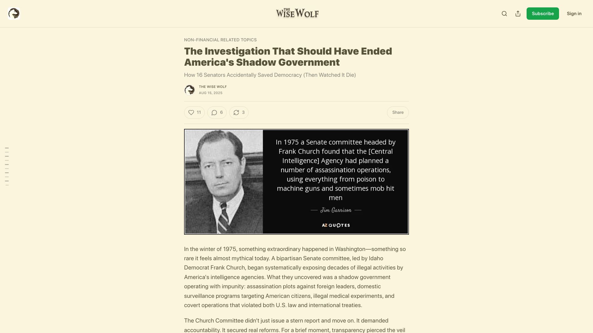 Screenshot of wisewolfmedia.substack.com: When the CIA got away with building a heart attack gun