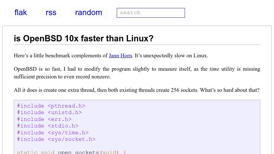Screenshot of flak.tedunangst.com: OpenBSD is so fast, I had to modify the program slightly to measure itself