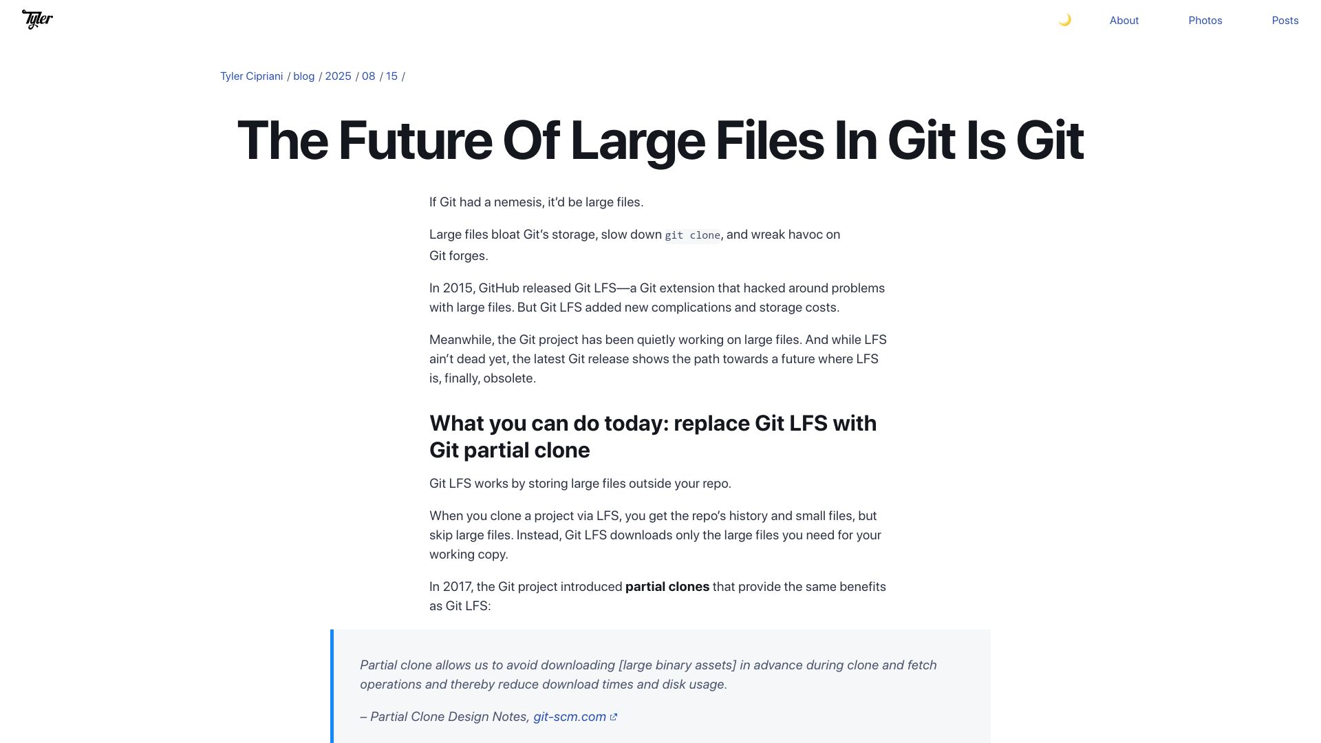 Screenshot of tylercipriani.com: The Future of Large Files in Git Is Git