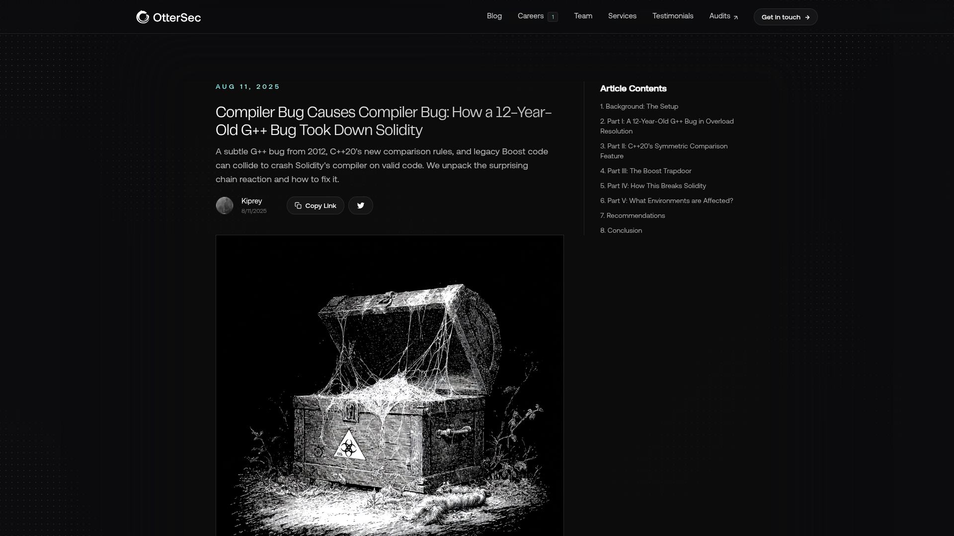 Screenshot of osec.io: Compiler Bug Causes Compiler Bug: How a 12-Year-Old G++ Bug Took Down Solidity