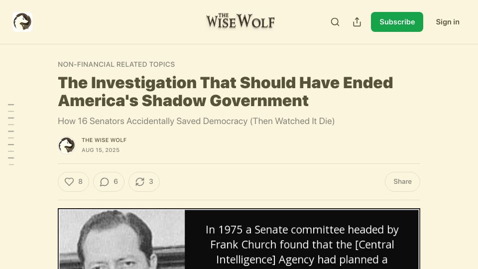 Screenshot of wisewolfmedia.substack.com: When the CIA got away with building a heart attack gun