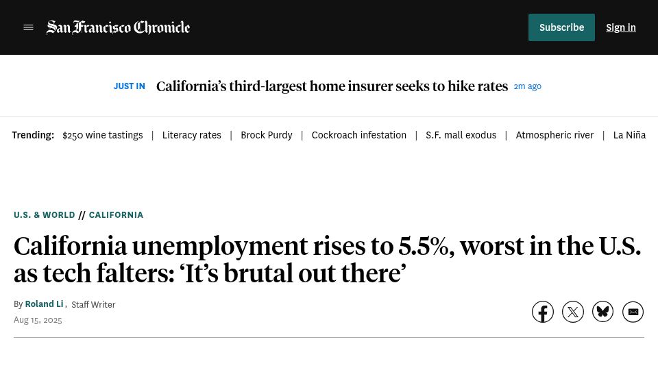 Screenshot of sfchronicle.com: California unemployment rises to 5.5%, worst in the U.S. as tech falters