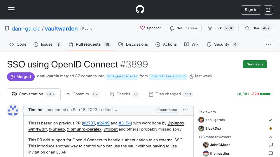 Screenshot of github.com: Vaultwarden commit introduces SSO using OpenID Connect