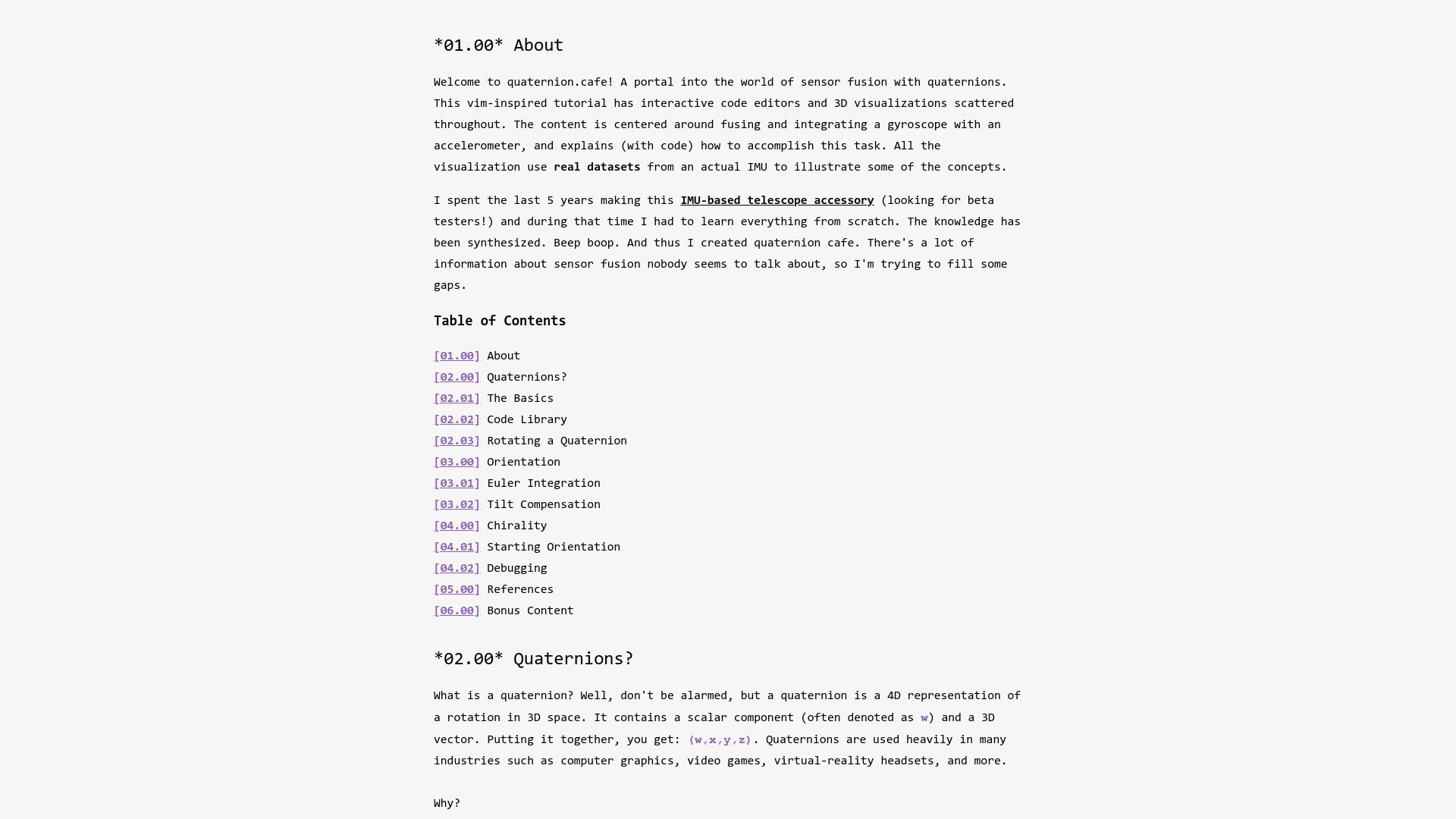 Screenshot of quaternion.cafe: An interactive guide to sensor fusion with quaternions