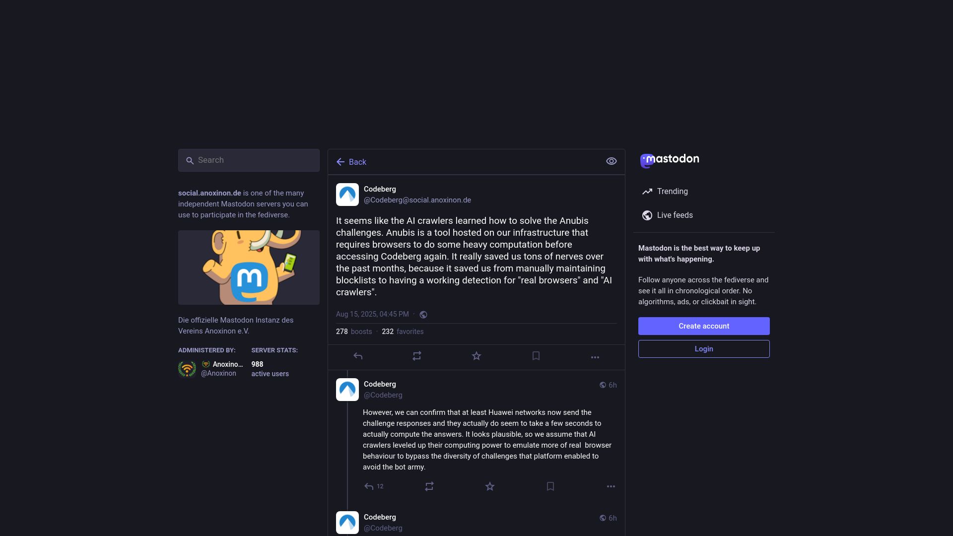 Screenshot of social.anoxinon.de: It seems like the AI crawlers learned how to solve the Anubis challenges
