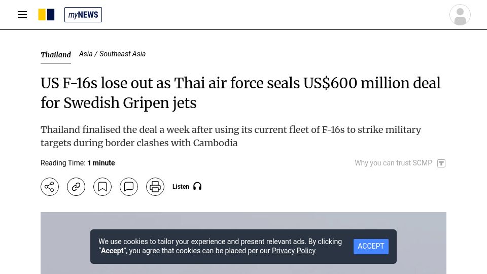 Screenshot of scmp.com: US F-16s lose out as Thai Air Force seals US$600M deal for Swedish Gripen jets