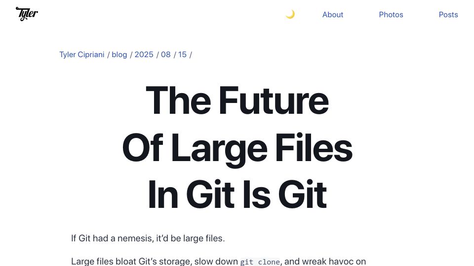 Screenshot of tylercipriani.com: The Future of Large Files in Git Is Git