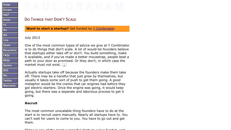 Screenshot of paulgraham.com: Do Things That Don't Scale (2013)