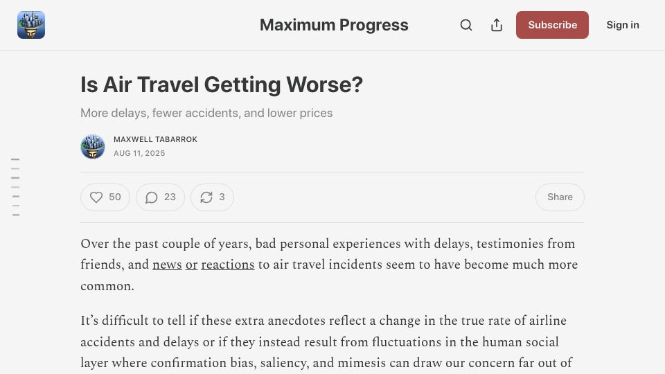 Screenshot of maximum-progress.com: Is air travel getting worse?