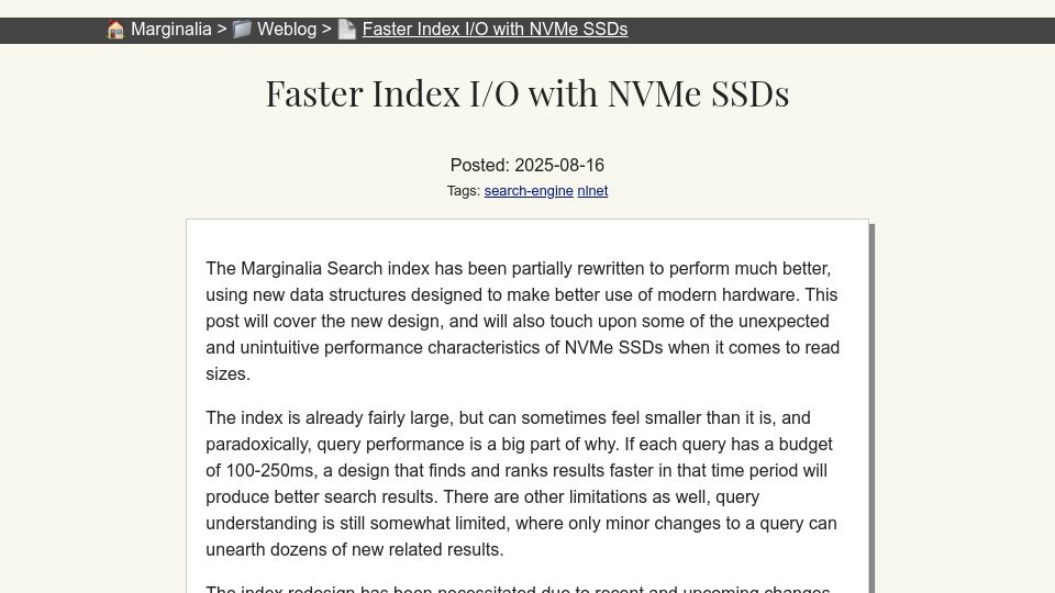 Screenshot of marginalia.nu: Faster Index I/O with NVMe SSDs