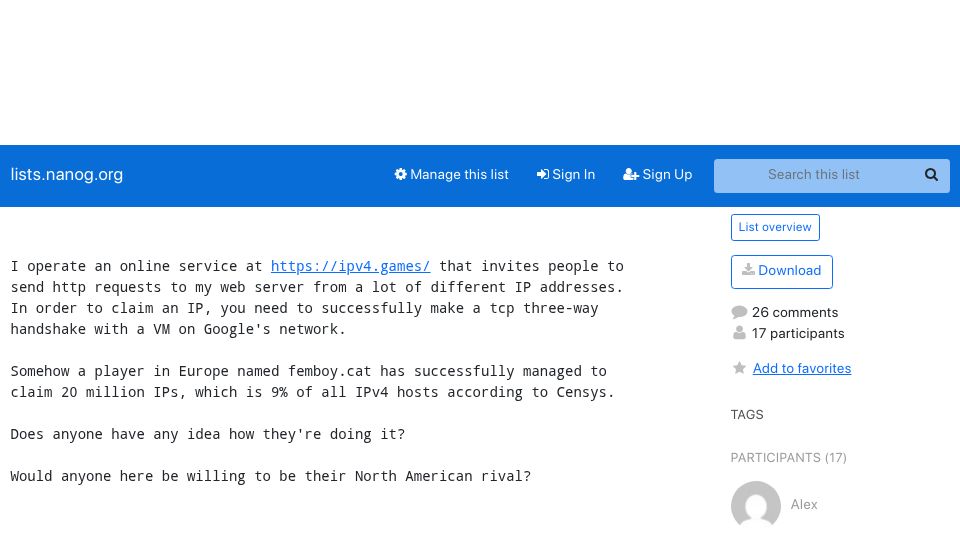 Screenshot of lists.nanog.org: One person was able to claim 20M IPs