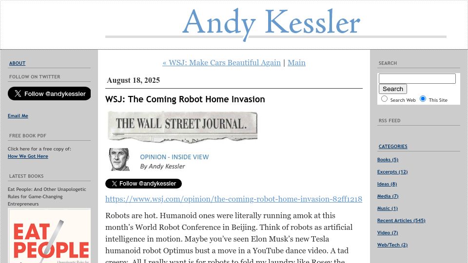 Screenshot of andykessler.com: The Coming Robot Home Invasion