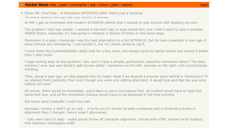 Screenshot of Hacker News post: Show HN: OverType – A Markdown WYSIWYG editor that's just a textarea