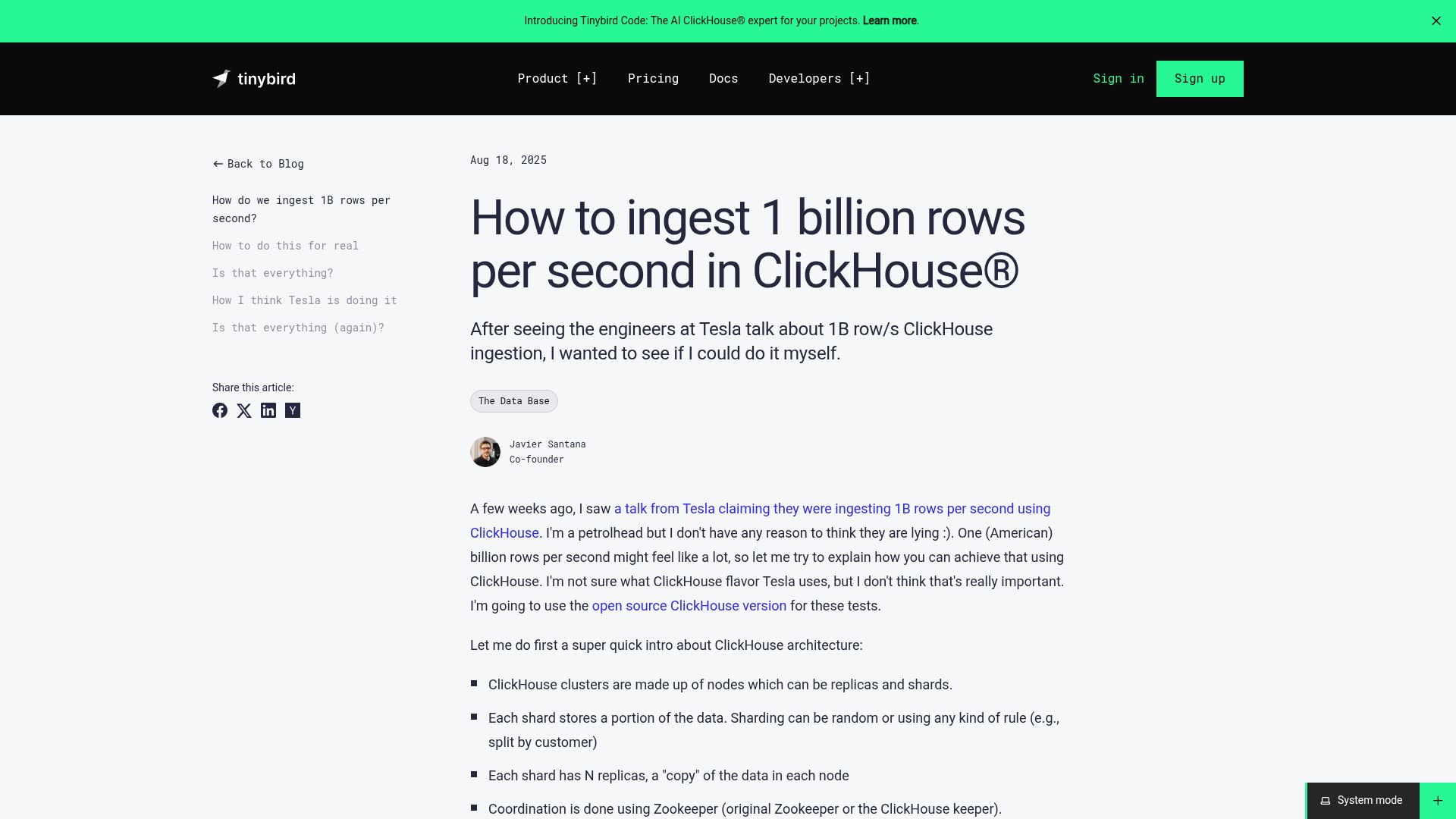 Screenshot of tinybird.co: How to ingest 1B rows/s in ClickHouse
