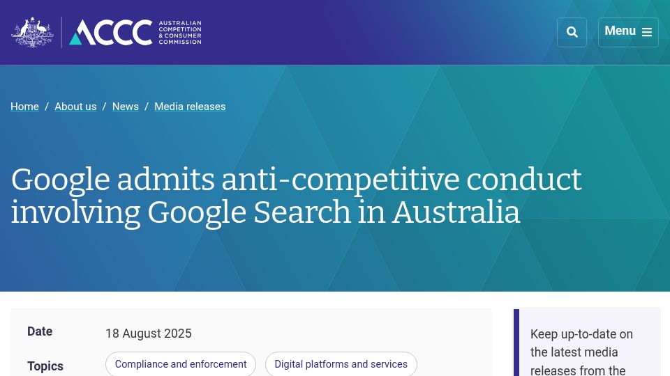 Screenshot of accc.gov.au: Google admits anti-competitive conduct involving Google Search in Australia