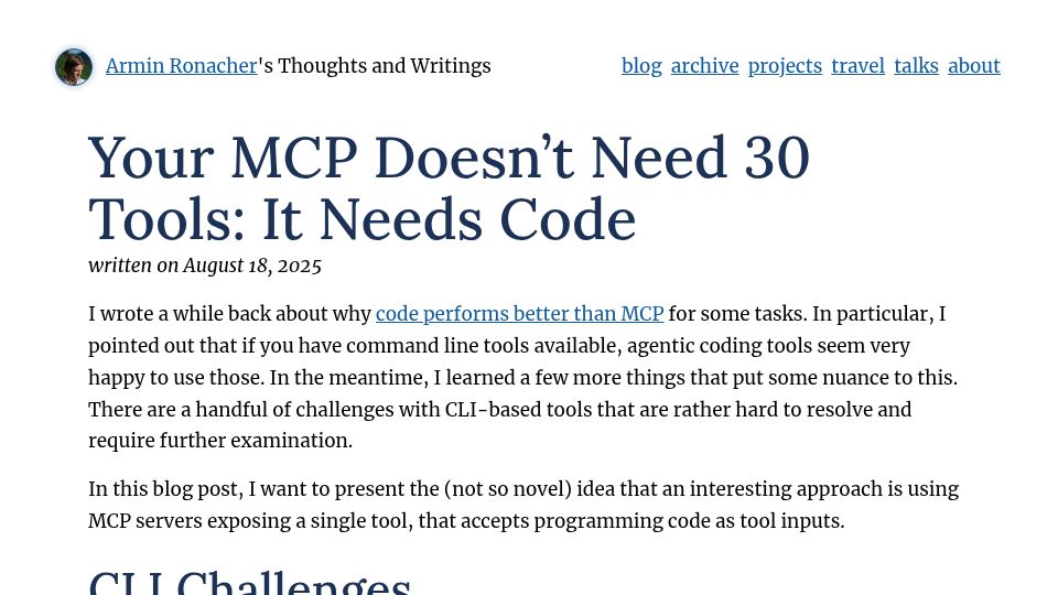 Screenshot of lucumr.pocoo.org: MCP doesn't need tools, it needs code