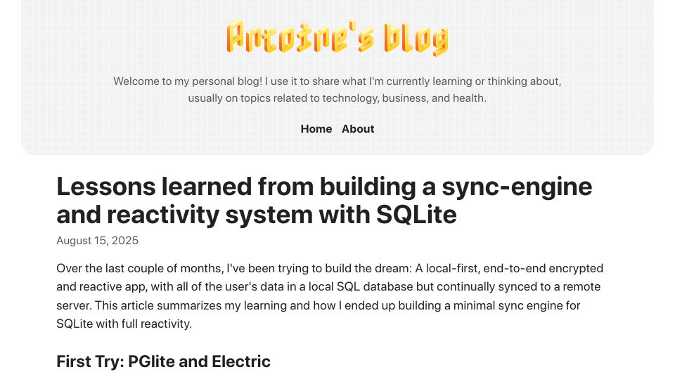 Screenshot of finkelstein.fr: Lessons learned from building a sync-engine and reactivity system with SQLite