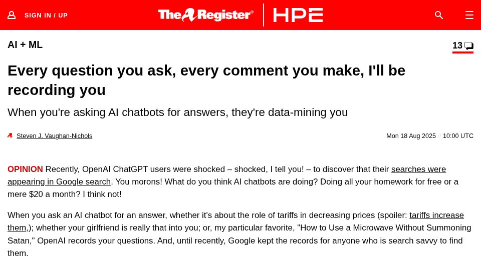 Screenshot of theregister.com: When you're asking AI chatbots for answers, they're data-mining you