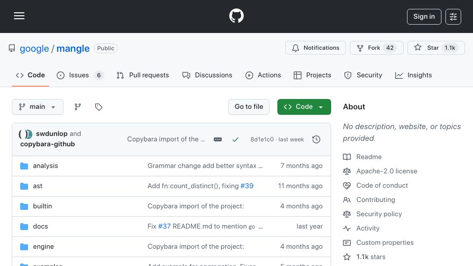 Screenshot of github.com: Mangle – a language for deductive database programming
