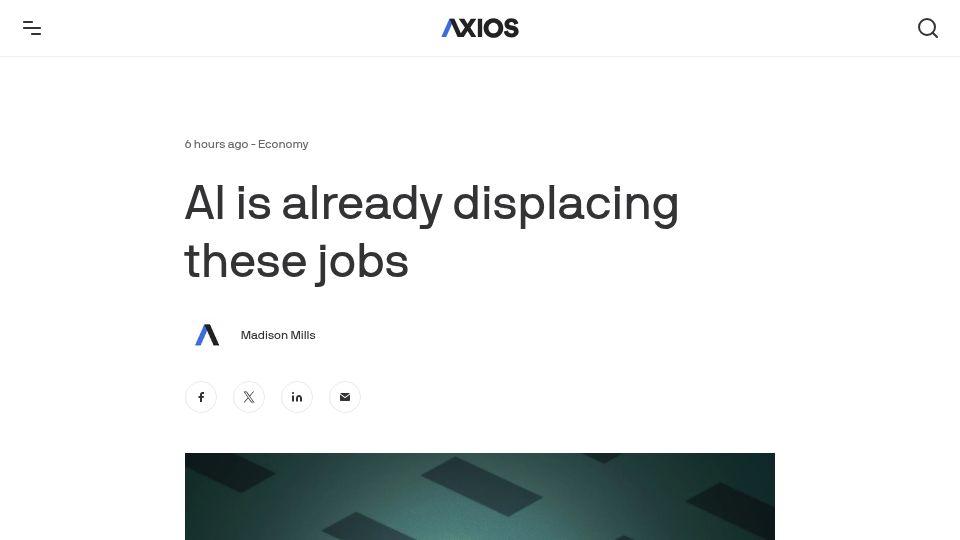Screenshot of axios.com: AI is predominantly replacing outsourced, offshore workers