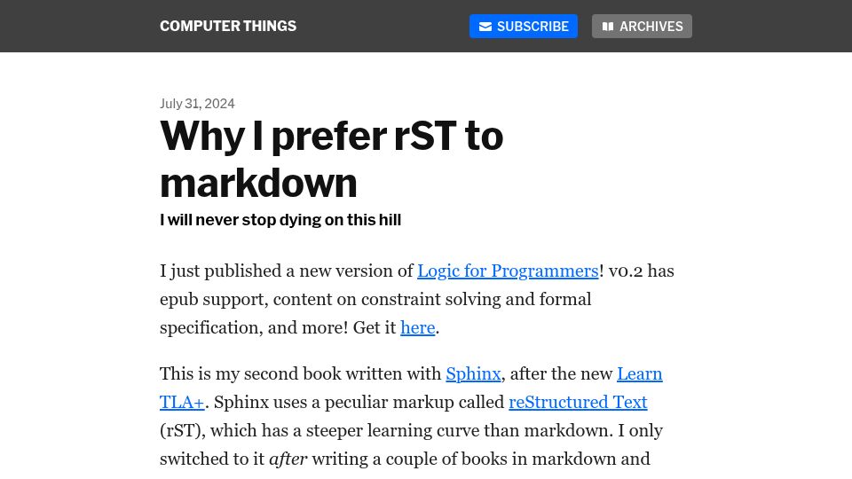 Screenshot of buttondown.com: I Prefer RST to Markdown (2024)