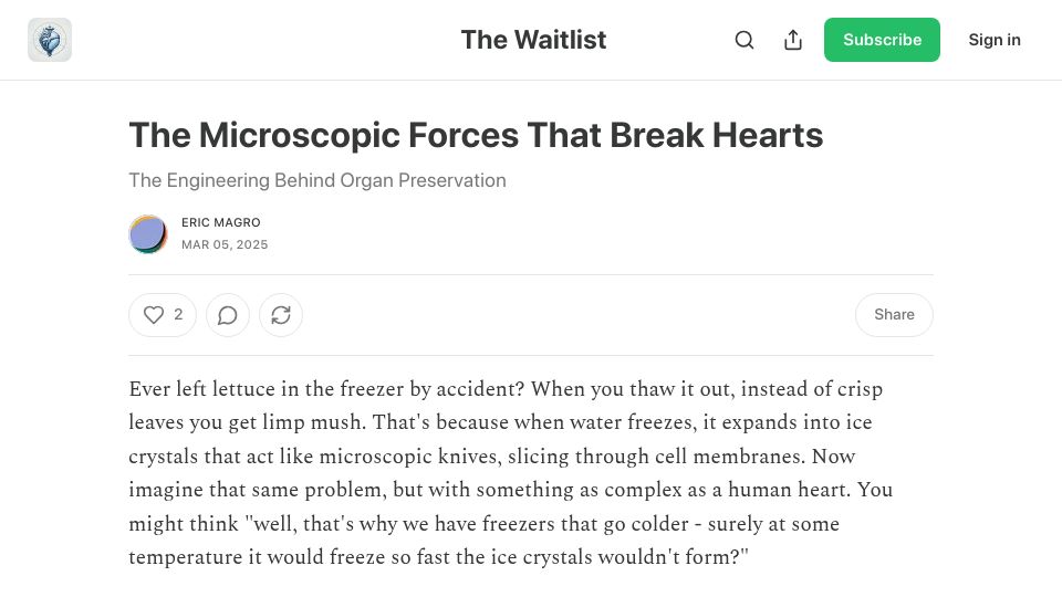 Screenshot of thewaitlist.substack.com: The Microscopic Forces That Break Hearts