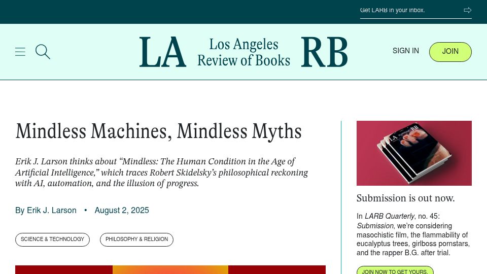 Screenshot of lareviewofbooks.org: Mindless Machines, Mindless Myths