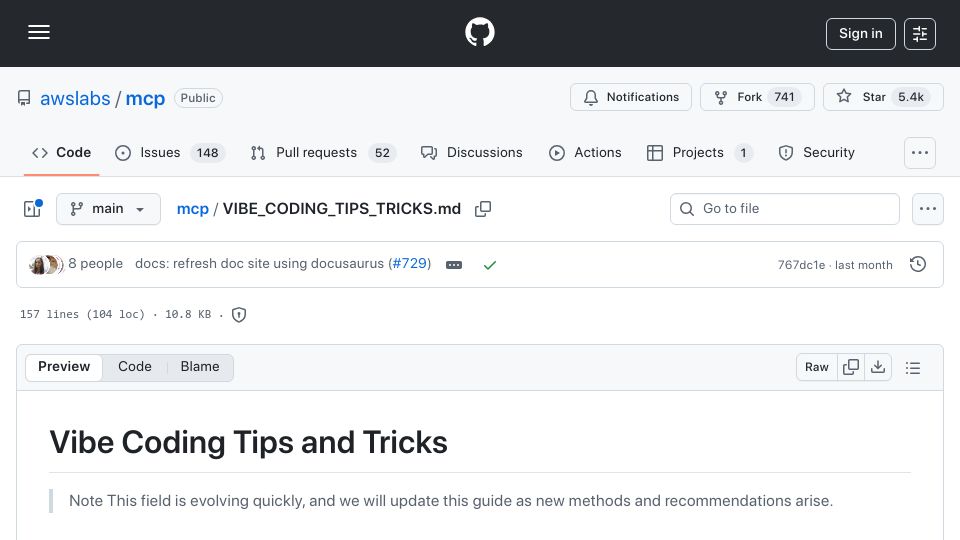 Screenshot of github.com: Vibe coding tips and tricks