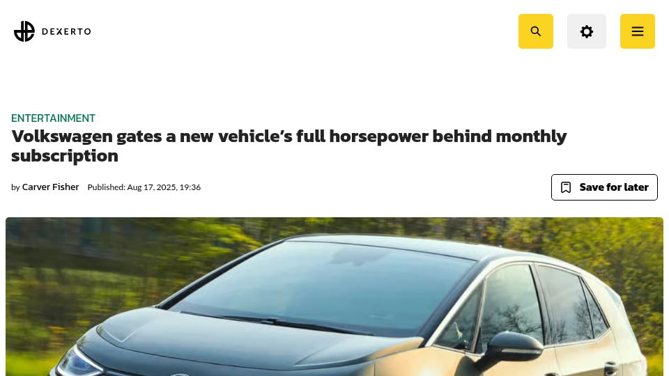 Screenshot of dexerto.com: Volkswagen gates a new vehicle's full horsepower behind monthly subscription