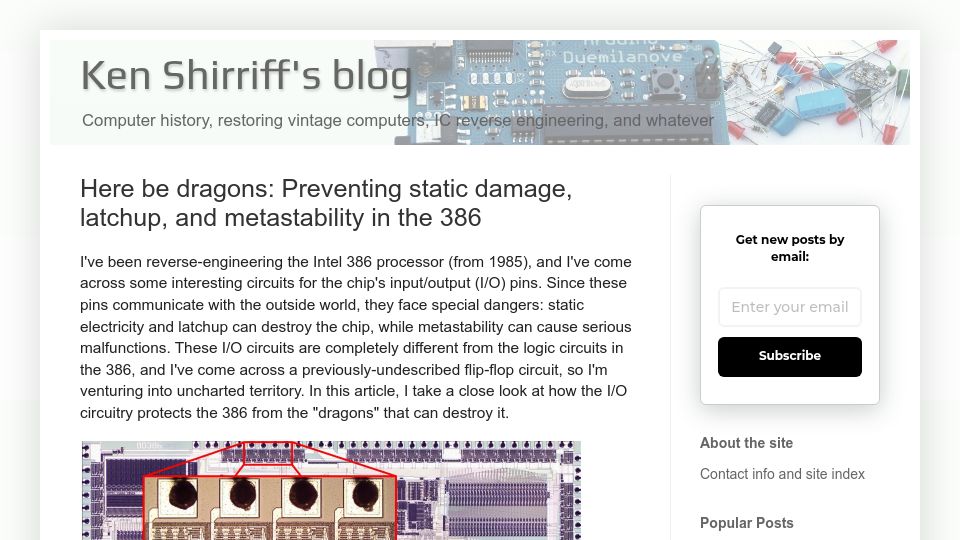 Screenshot of righto.com: Here be dragons: Preventing static damage, latchup, and metastability in the 386
