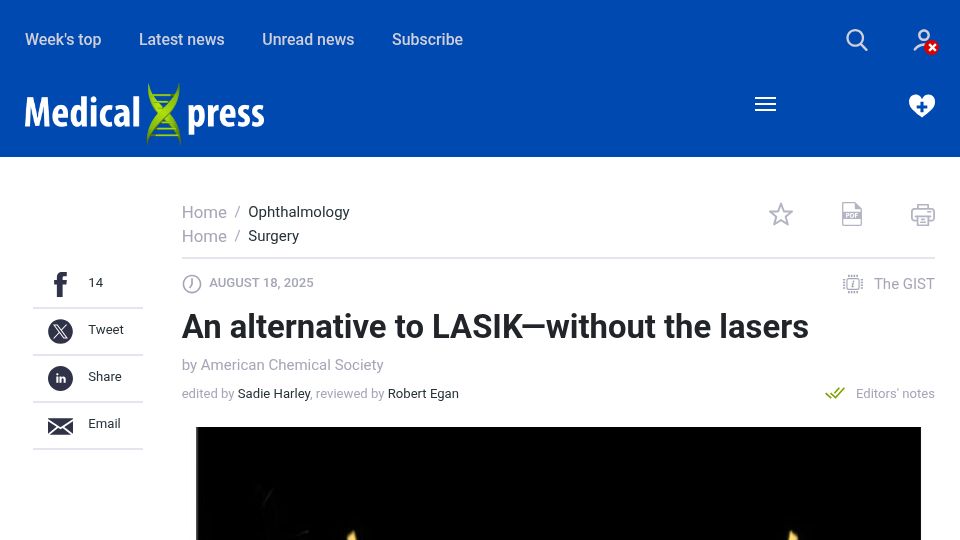 Screenshot of medicalxpress.com: Electromechanical reshaping, an alternative to laser eye surgery