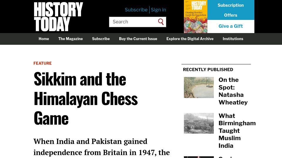 Screenshot of historytoday.com: Sikkim and the Himalayan Chess Game (2016)