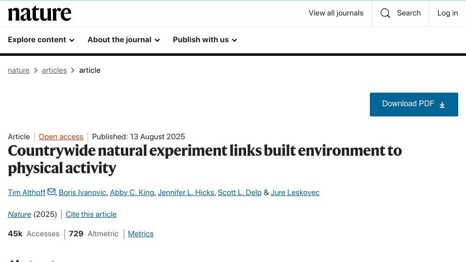 Screenshot of nature.com: Countrywide natural experiment links built environment to physical activity