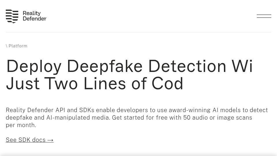 Screenshot of realitydefender.com: Launch HN: Reality Defender (YC W22) – API for Deepfake and GenAI Detection