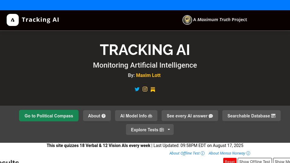 Screenshot of trackingai.org: IQ tests results for AI