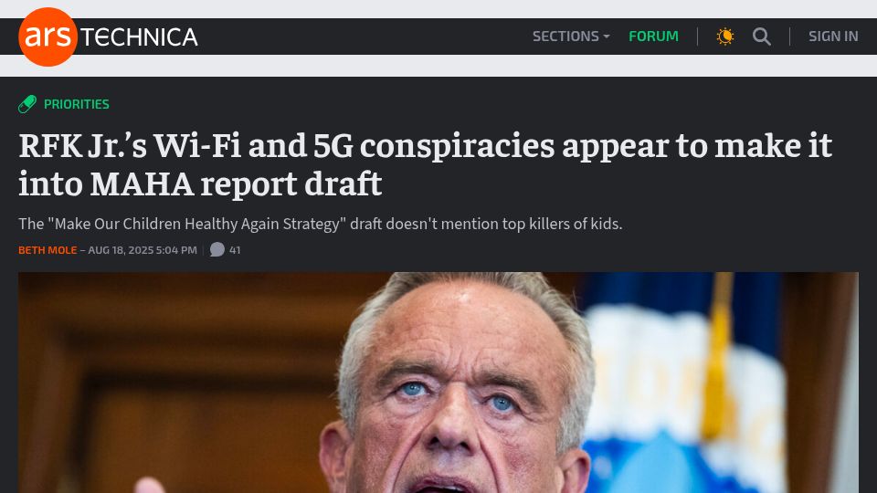 Screenshot of arstechnica.com: RFK Jr.'s Wi-Fi and 5G conspiracies appear to make it into MAHA report draft