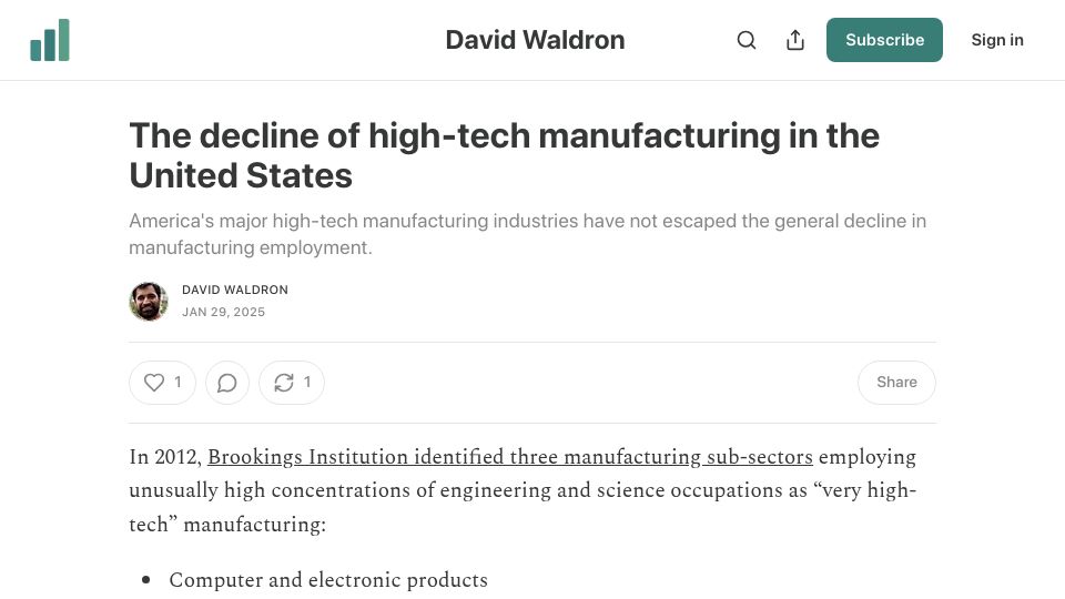 Screenshot of blog.waldrn.com: The decline of high-tech manufacturing in the United States