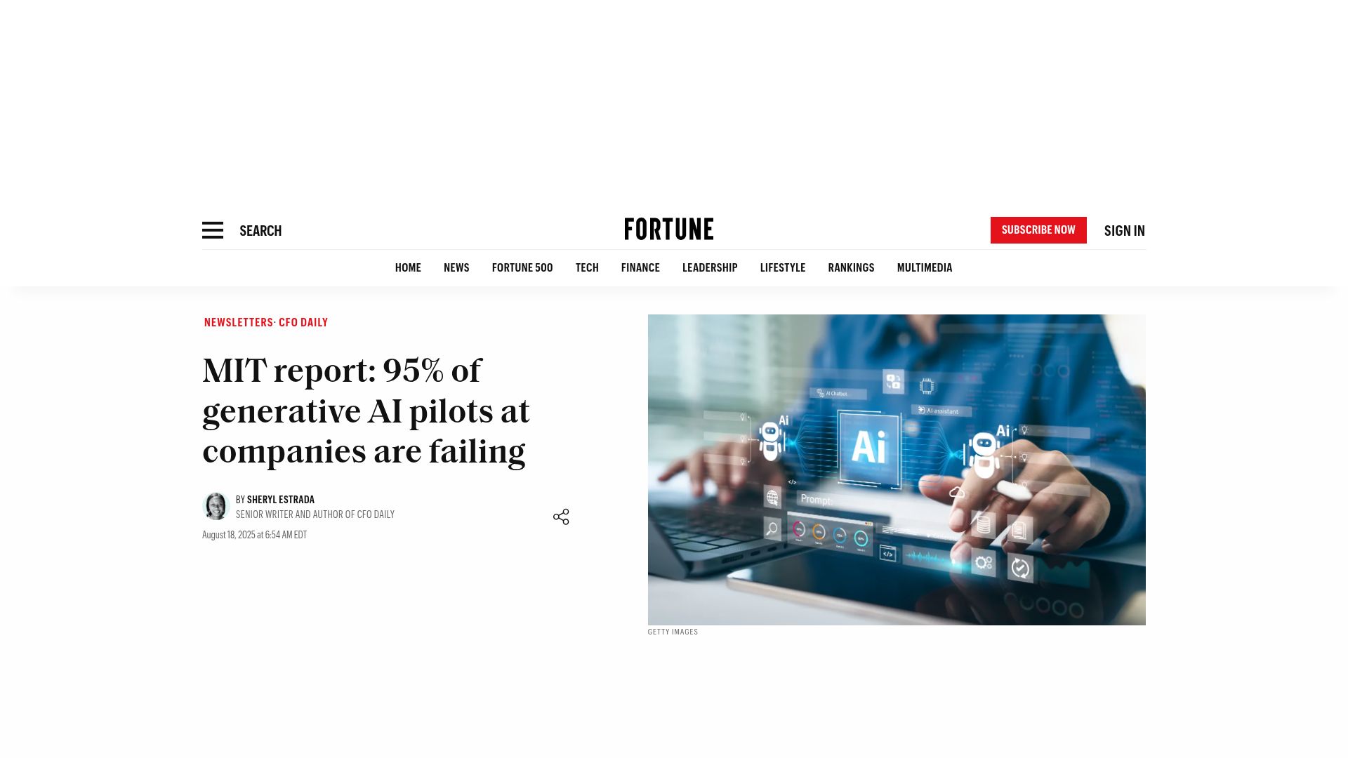Screenshot of fortune.com: 95% of AI Pilots Failing