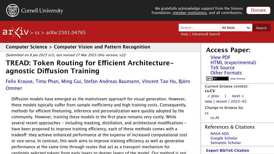 Screenshot of arxiv.org: TREAD: Token Routing for Efficient Architecture-Agnostic Diffusion Training