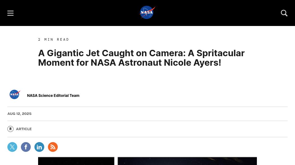 Screenshot of science.nasa.gov: A gigantic jet caught on camera: A spritacular moment for NASA astronaut