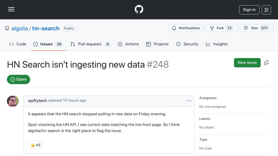 Screenshot of github.com: HN Search isn't ingesting new data since Friday